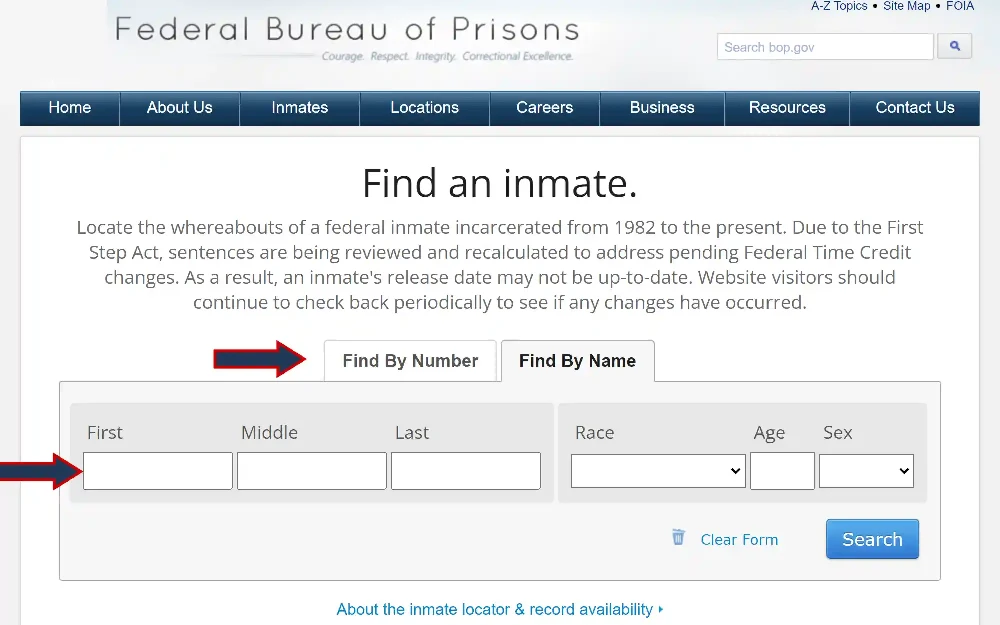 A screenshot showing the inmate search tool provided by the Bureau of Prisons, where one can find an inmate's information by providing the required name or number.