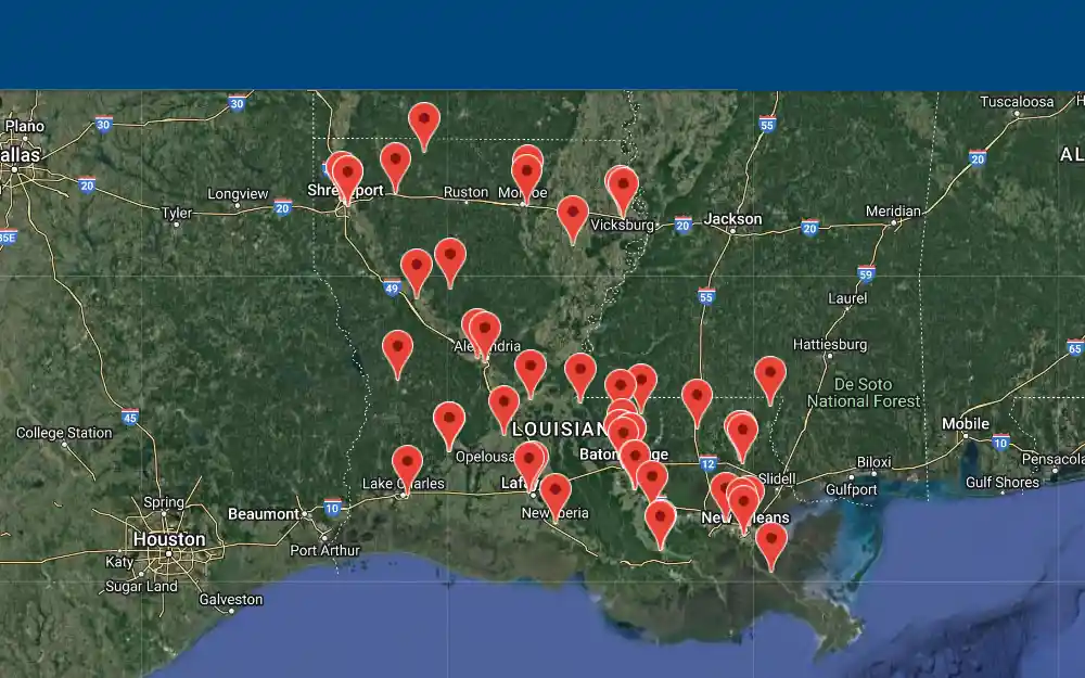 A screenshot of Louisiana map pointing the locations of Department of Corrections Facilities.