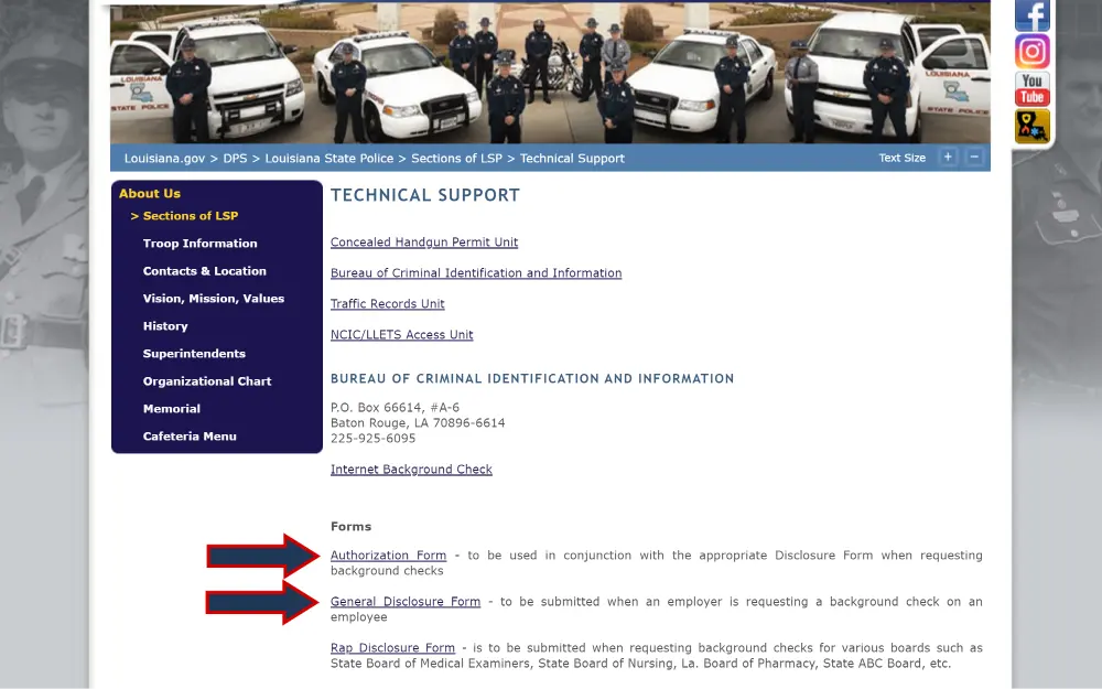 A screenshot showing the forms provided by Louisiana State Police needed to request background checks online.