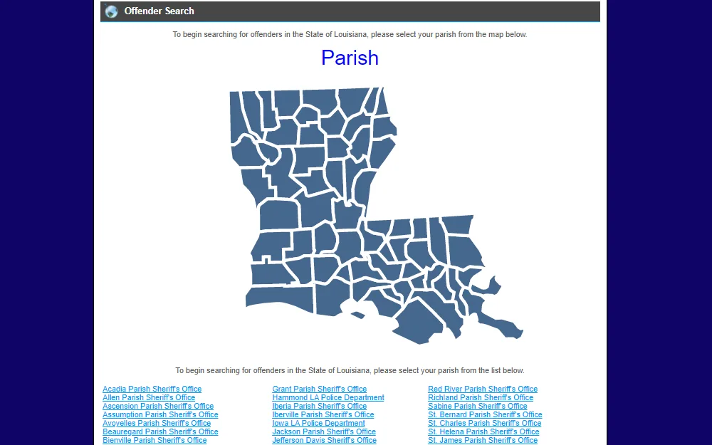 A screenshot showing links routed to several offender search platforms based on each parish of Louisiana.