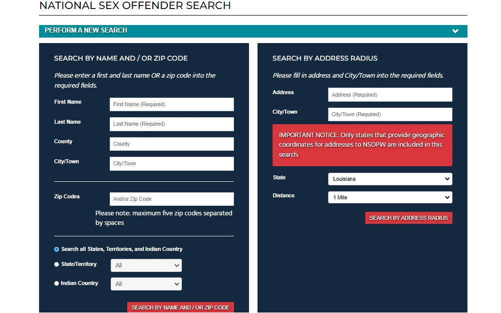 A screenshot showing the National Sex Offender Public Search with the option to search through name and or zip code or by address radius.