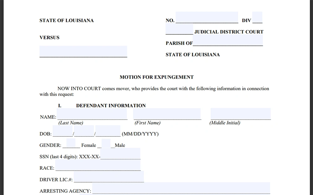 A screenshot from the Caddo Clerk website showing the motion for expungement form with blank filled for name, date of birth, gender, ssn, race, etc.