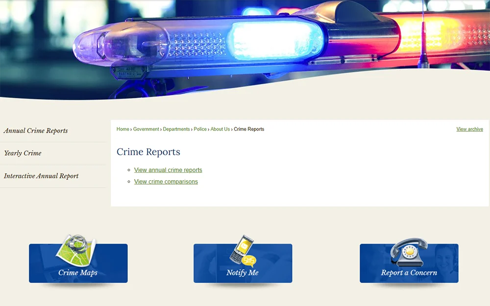 A screenshot from the City of Shreveport police department website showing the crime reports page with links to annual crime reports and crime comparisons, and at the bottom part of the page are buttons for different services such as crime maps, notify me, and report a crime.