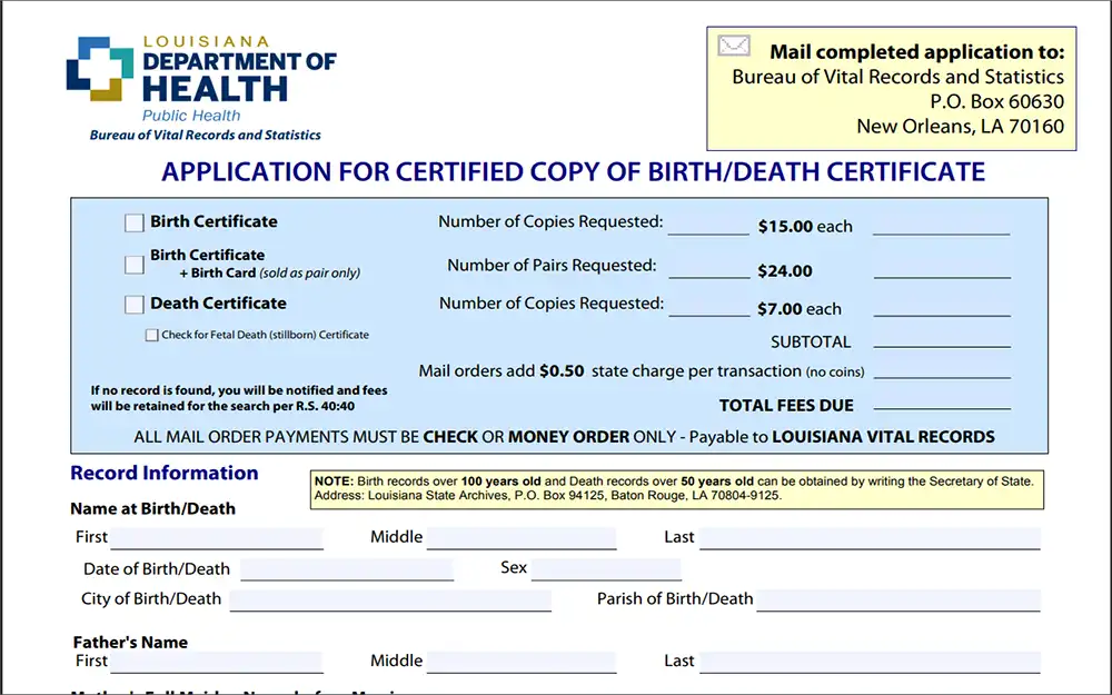 Louisiana Department of Health and Vital Records application for searching free Louisiana divorce records, free Louisiana marriage records, obtaining Louisiana death records, and requesting Louisiana birth certificates.