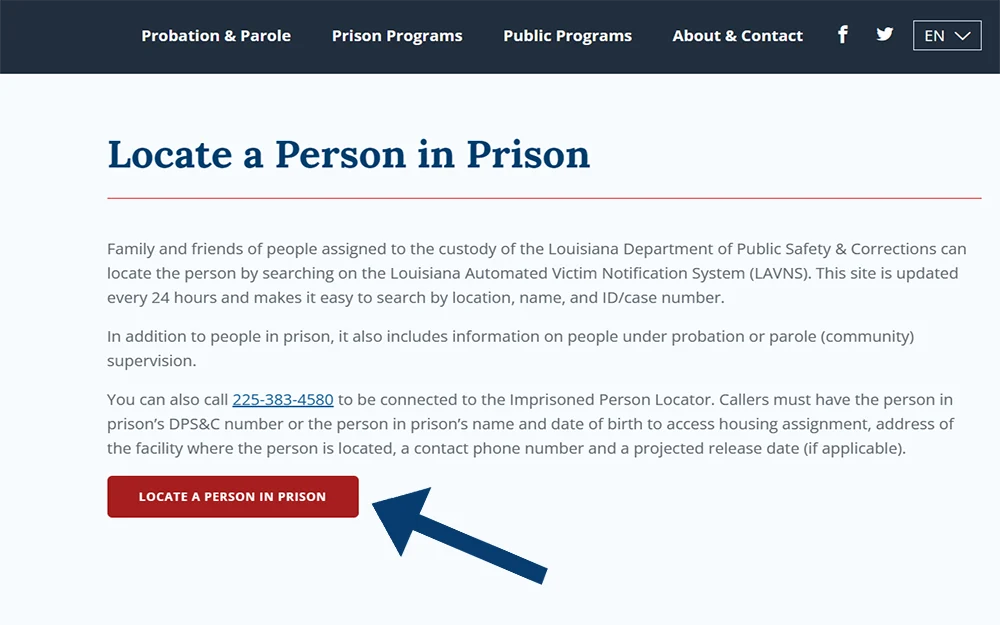 A screenshot from the Louisiana department of public safety and corrections website showing the locate a person in prison page with description and an arrow pointing at the 'locate a person in prison' button.