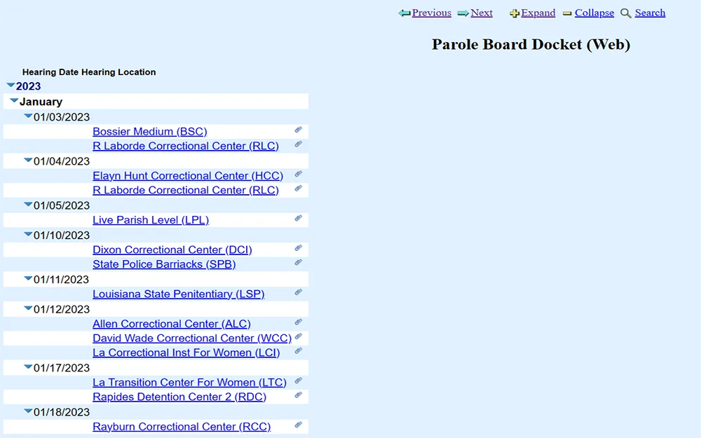 A screenshot from the Louisiana department of public safety and corrections website showing the web parole board docket with links for hearing date location.