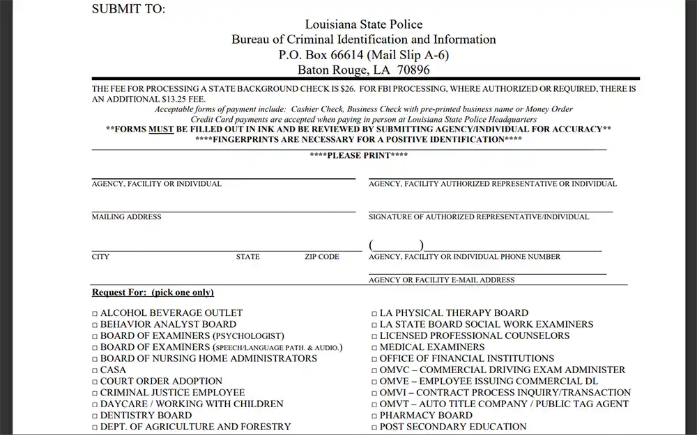 A screenshot showing the Authorization form needed to request a copy of an individual's record at Louisiana State Police.