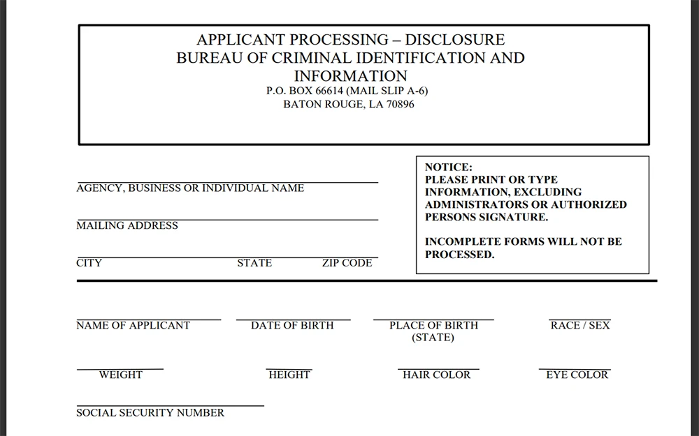 A screenshot from the Louisiana state police website showing the bureau of criminal identification and information applicant processing general disclosure form.