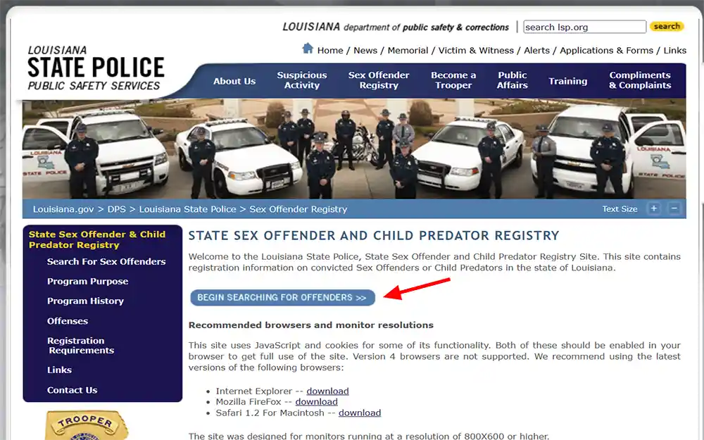 Louisiana State Police Public Safety Services Offender Registry allowing free Louisiana criminal records searches.