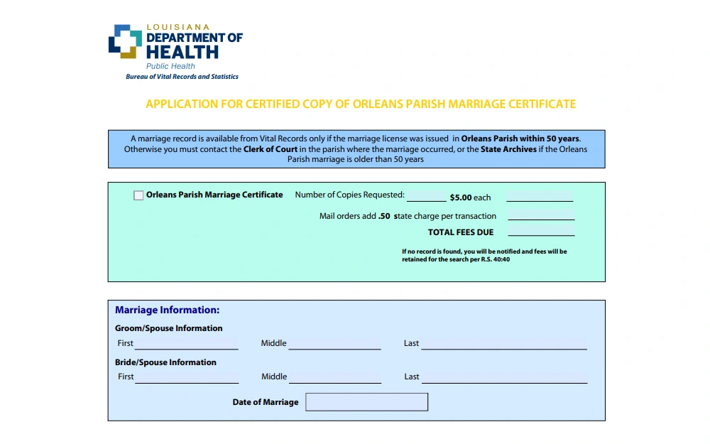 Screenshot of application form for a certified copy of an Orleans Parish marriage certificate, with the fields that need to be filled out, including the number of copies requested and marriage information such as full names of each spouse and the date of marriage.