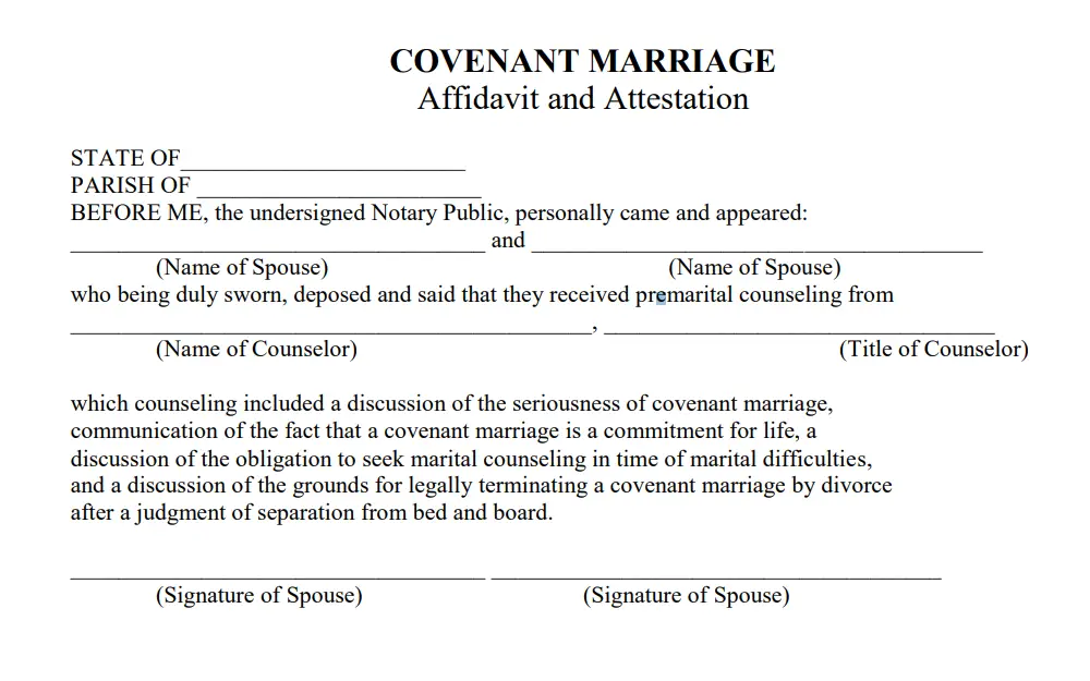 Screenshot of affidavit and attestation for covenant marriage, with the fields that need to be filled out, including state, parish, names and signatures of the spouses, and name and title of the counselor.