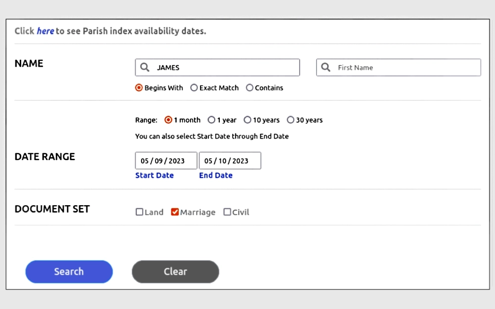 A screenshot of the marital record search tool offered by the Louisiana Clerks of Court Association where users can enter relevant information such as name, date range, and type of documents the requester is seeking.