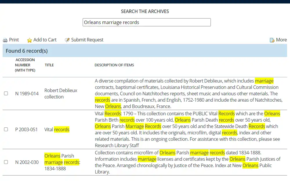 Screenshot of search results from the Louisiana State Archives online catalog, showing accession numbers, titles, and descriptions of items with the words Orleans, marriage, and records highlighted.