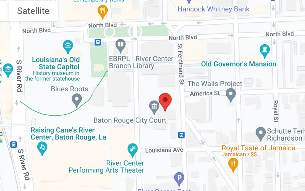The red location pointer depicts a screenshot of the map indicating the location of the Baton Rogue City Court.