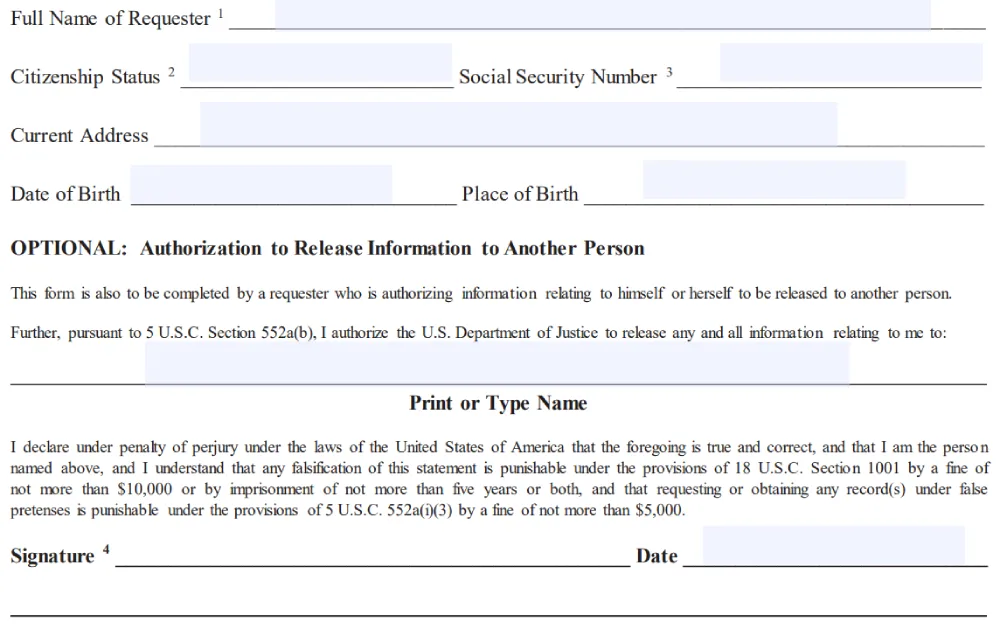 A screenshot of the Certification of Identity form for requesters of DOJ records that requires details such as the requester's full name, citizenship status, social security number, address, date of birth, and birthplace, as well as their signature.