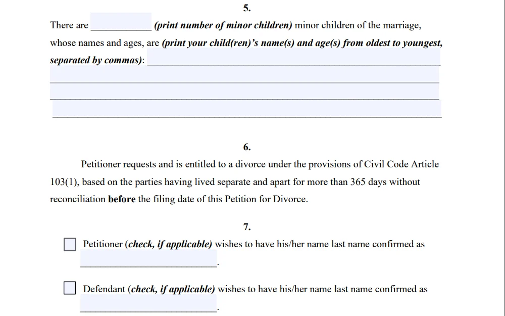 Screenshot of the divorce petition form showing fields for the number of minor children, their names, and the last names of the petitioner or defendant if applicable.