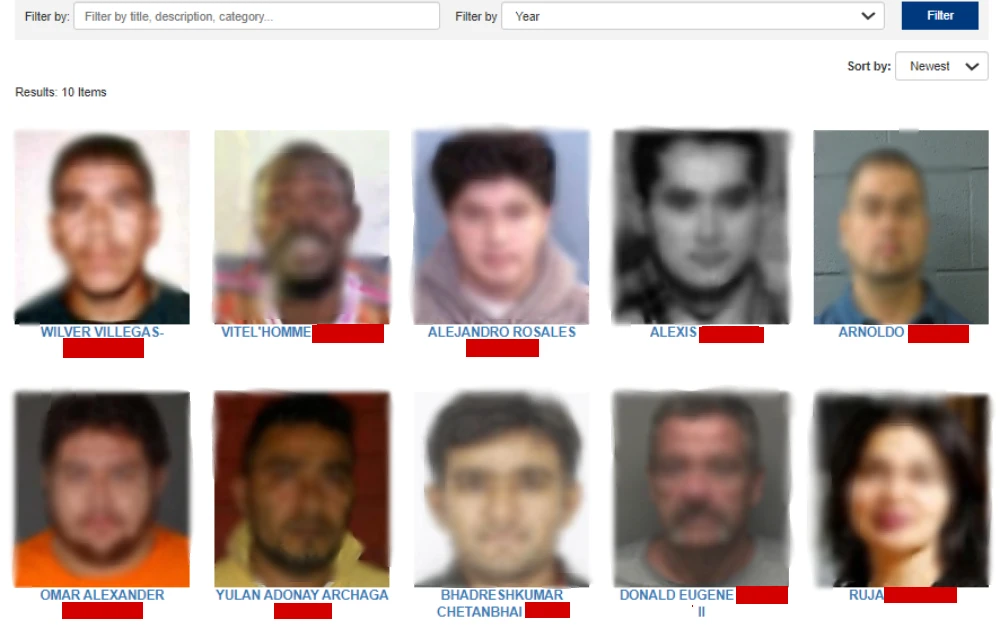 A screenshot displays the mugshots and names of the FBI department's top ten most wanted fugitives.