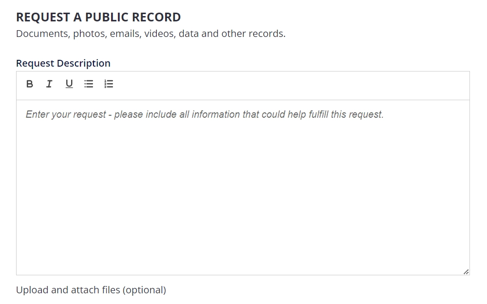 Screenshot of a section of the new request form showing a text box for the request description and an option to upload files.