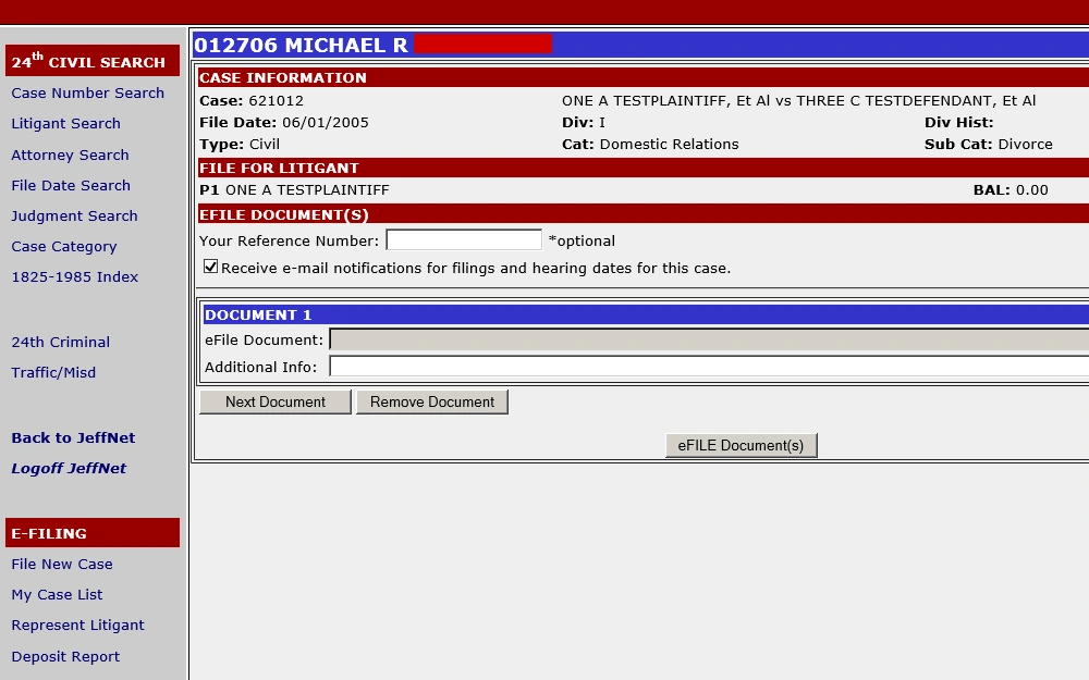 Screenshot of the electronic file civil search result showing a list of search options on the left side panel, case information, litigant's file, and fields for electronic document reference number and document search.