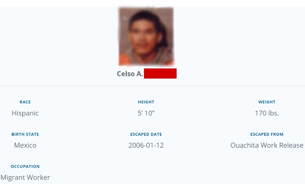 A screenshot of a law offender detail enlisted from the most wanted list in Louisiana with information presented such as the mugshot, name, race, height, weight, birth state, escaped state, escaped from, and occupation.