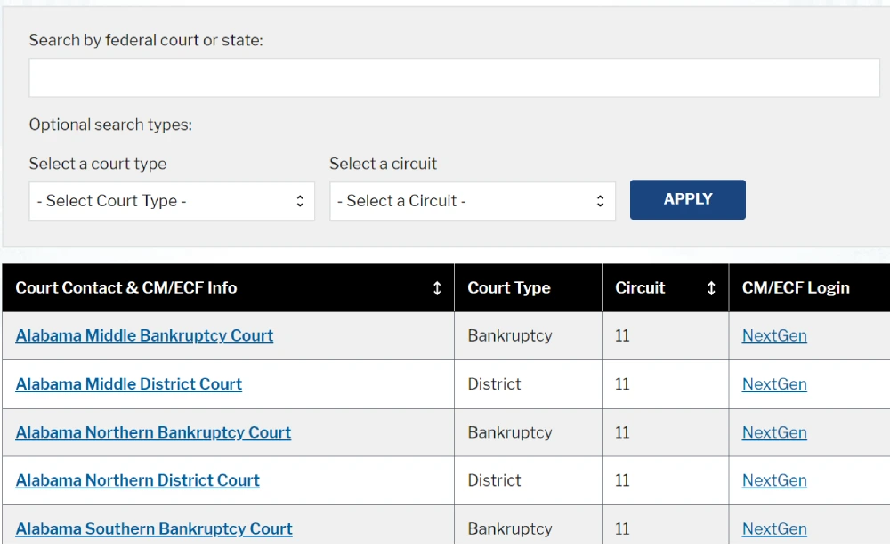 A screenshot of the PACER case search portal allows users to search by declaring the state court, court type, and court circuit. 