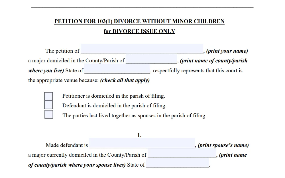 Screenshot of the divorce petition form showing fields for the names, counties, and states of both parties, and a checklist.