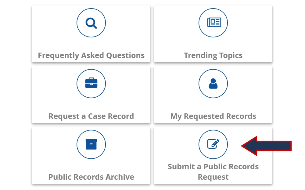 Screenshot of an online request center showing options for frequenly asked questions, trending topics, archives, and records requests.