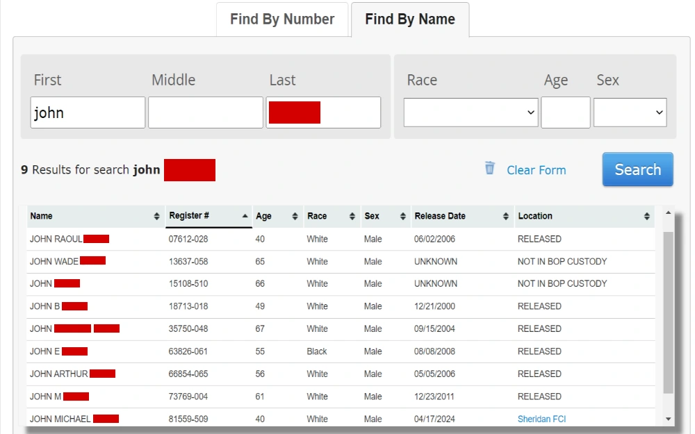 A screenshot showing an inmate locator from the Federal Bureau of Prisons website showing a search bar by number or name and results displaying the name, register number, age, race, sex, release date and location, a blue search and clear form on the right side.