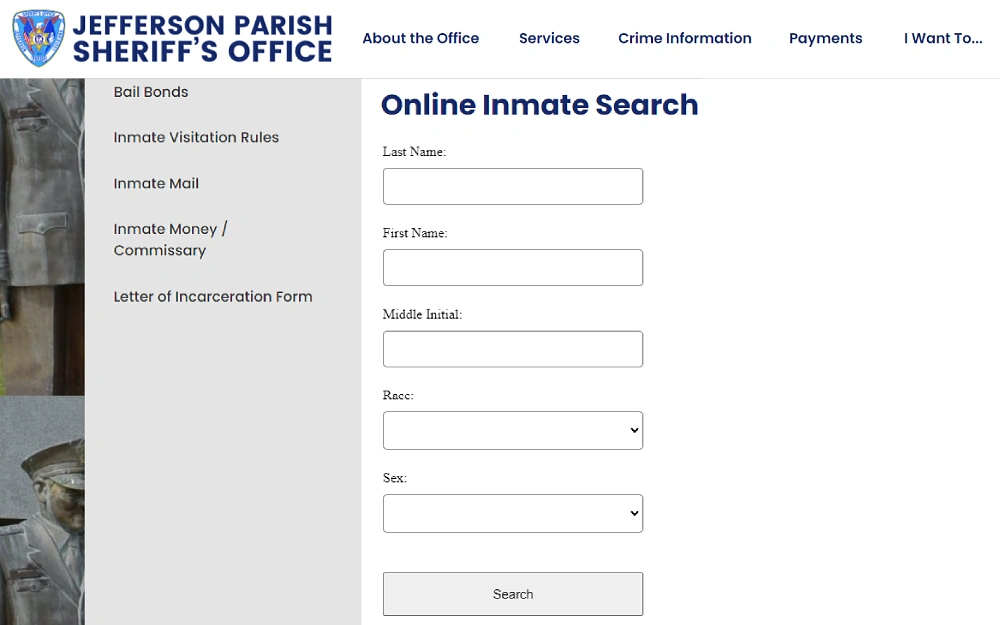 A screenshot of an online inmate search from the Jefferson Parish Sheriff's Office website showing menu options: about the office, services, crime information, payments, bail bonds, inmate visitation rules, mail, money, commissary and letter of incarceration form and search lookup.