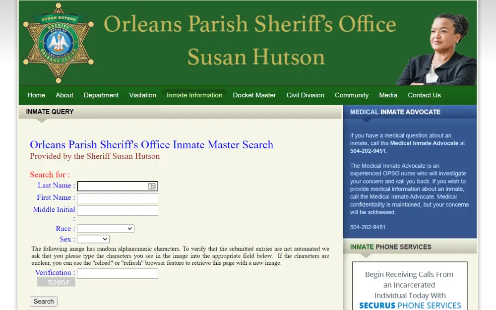 A screenshot from the Orleans Parish Sheriff's Office featuring an inmate search form where last name, first name, middle initial, race, and sex can be entered, with a verification code to ensure the search is not automated.
