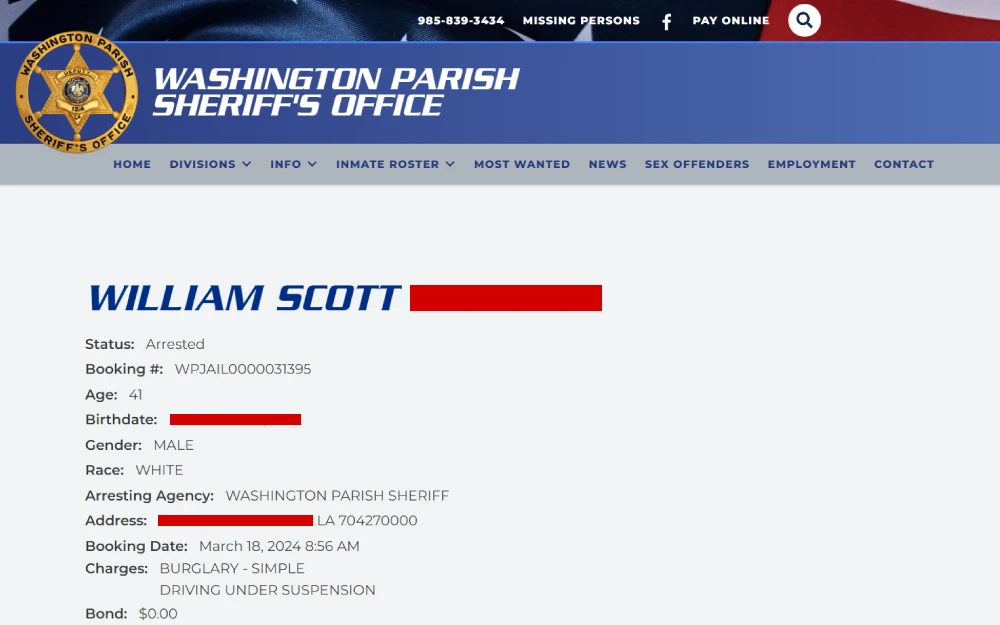 A screenshot from the Washington Parish Sheriff’s Office detailing the offender's name, booking number, age, birth date, gender, race, arresting agency, address, booking date, charges, and bond amount.