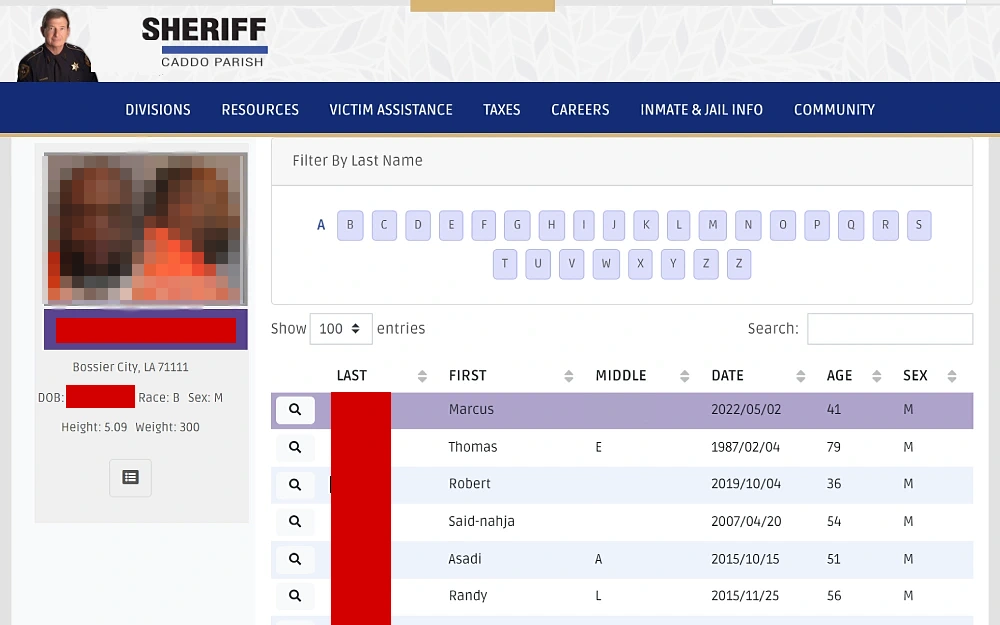 A screenshot showing a list of active warrants provided be the Caddo Parish Sheriff's Office website.