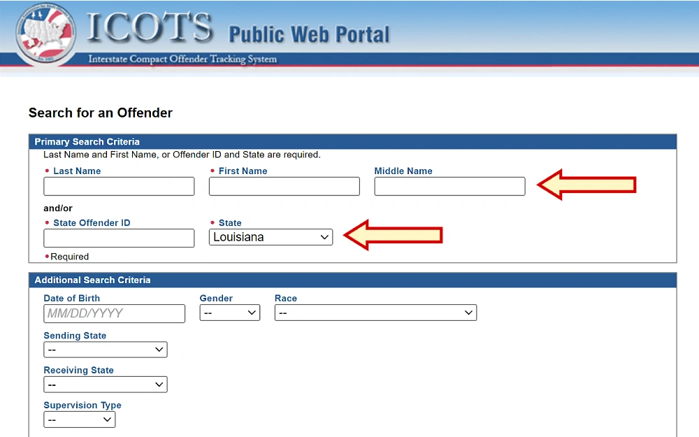 A screenshot displaying the ICOTS public web portal from the Interstate Compact Offender Tracking System displays criteria as a search option, such as last name, first name, middle name, state offender ID number, state, and more additional search criteria.