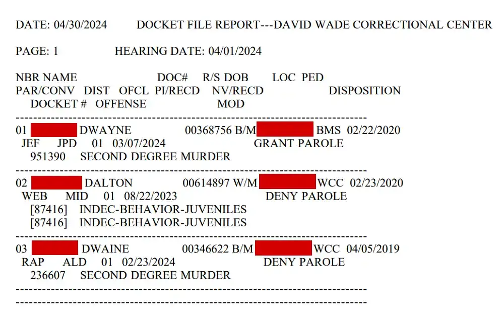 This is a screenshot of the docket file report from the David Wade Correctional Center, showing details such as the full name, DOC number, date of birth, docket number, offense details, disposition and more from the Louisiana Department of Public Safety and Corrections website.